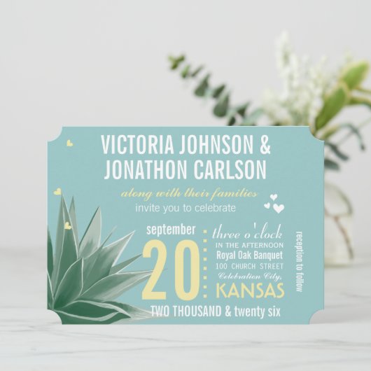 Aqua Yellow Succulent Typography Wedding Kaart (Staand voorkant)