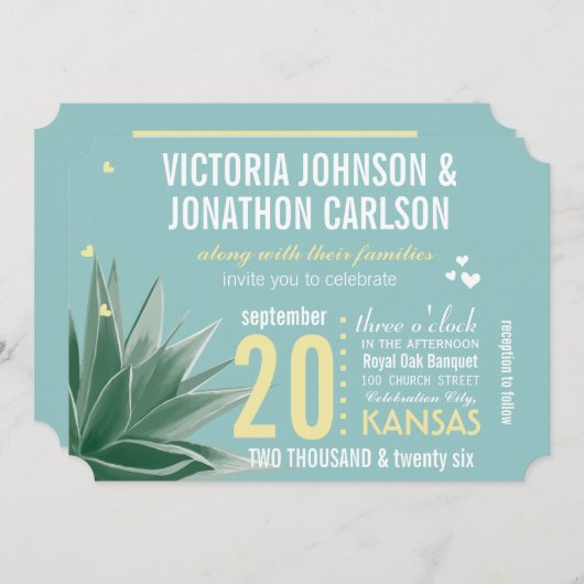Aqua Yellow Succulent Typography Wedding Kaart (Voorkant / Achterkant)
