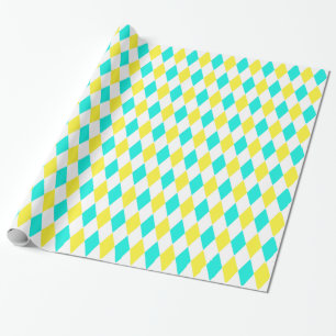 Aqua Yellow White Harlequin Diamond Pattern Cadeaupapier