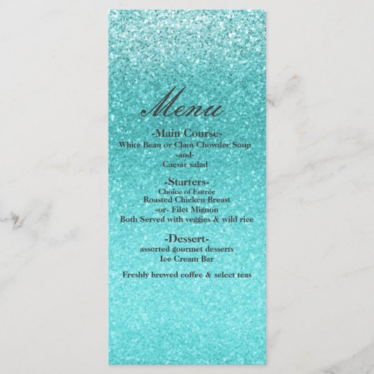 Aqua Zee Blauwe Glitter Schitter Glam Feest Menu (Voorkant)
