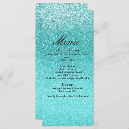 Aqua Zee Blue Glitter Sparkle Glam Party Menu (Voorkant / Achterkant)