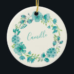Aqua Zee Green Floral Wreath Personalized Keramisch Ornament<br><div class="desc">Aqua Zee Green Floral Wreath Personalized Ornament</div>