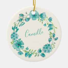 Aqua Zee Green Floral Wreath Personalized Keramisch Ornament