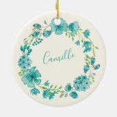 Aqua Zee Green Floral Wreath Personalized Keramisch Ornament (Achterkant)