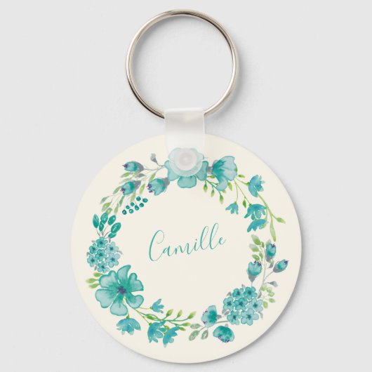 Aqua Zee Green Floral Wreath Personalized Sleutelhanger (Voorkant)
