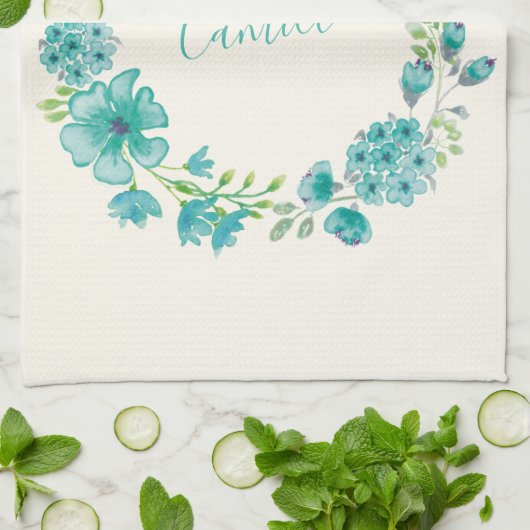 Aqua Zee Green Floral Wreath Personalized Theedoek (Gevouwen)