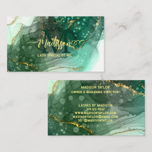 Aqua Zee Green Gold Glitter Marble Agate Monogram Visitekaartje (Voorkant / Achterkant)