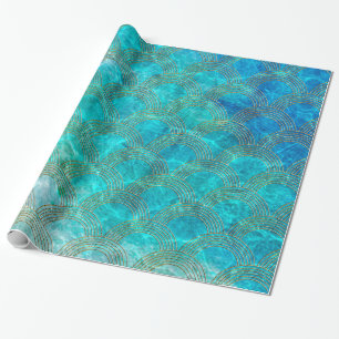 Aqua zee Mermaidscales met goudglitter lijst Cadeaupapier