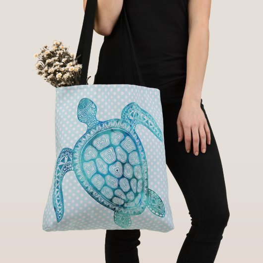 Aqua Zee Turtle on Polka Dots Tote Bag (Dichtbij)