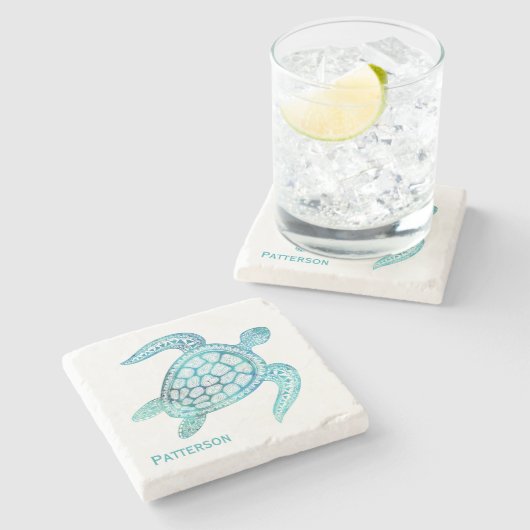 Aqua Zee Turtle Personalized Stone Onderzetter (Zijkant)