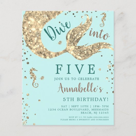 Aqua Zeemeermin 5e Verjaardag Budget Uitnodiging (Voorkant)