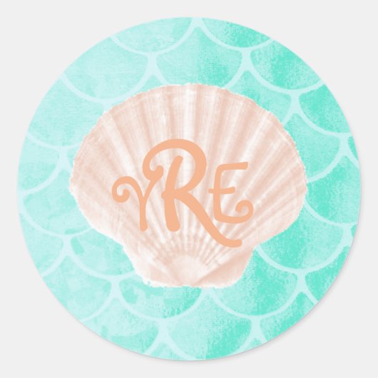 Aqua Zeemeermin Schalen | Seashell Monogram Ronde Sticker (Voorkant)