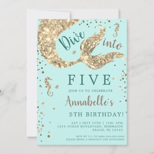 Aqua Zeemeermin Staart 5e Verjaardag Kaart (Voorkant)