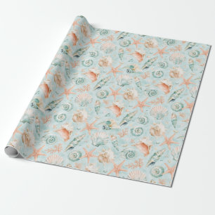 Aqua Zeeschelp Zeester Waterverf Kust Cadeaupapier