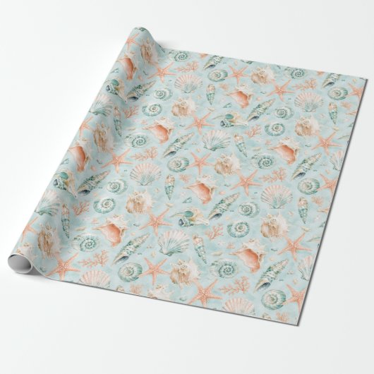 Aqua Zeeschelp Zeester Waterverf Kust Cadeaupapier (Uitgerold)