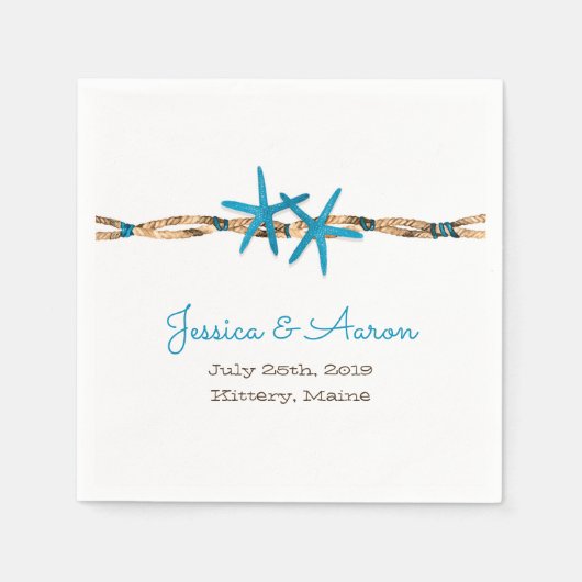 Aqua zeesterren en nautische touw bruiloft servetten (Voorkant)