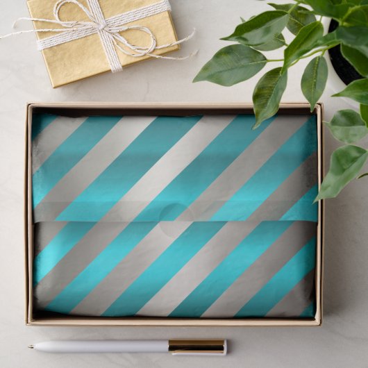 Aqua & Zilveren Diagonale Streep Kerst- Tissuepapier (Geschenk)