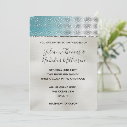 Aqua Zilveren Glam Glitz Parel Bruiloft Kaart (Staand voorkant)