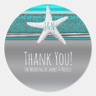 Aqua & Zilveren Zeester Elegante Strand Bruiloft F Ronde Sticker