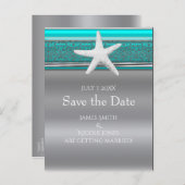 Aqua & Zilveren Zeester Strand Save the Date Aankondigingskaart (Voorkant / Achterkant)