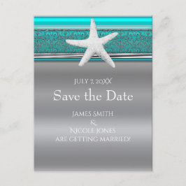 Aqua & Zilveren Zeester Strand Save the Date Aankondigingskaart