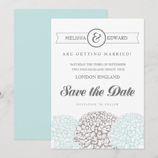  Aqua Zinnia Flowers Save the Date Invitae (Voorkant / Achterkant)