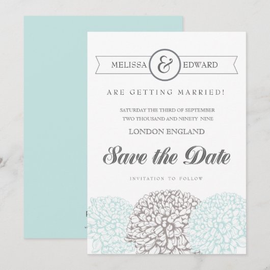 Aqua Zinnia Flowers Save the Date Invitae (Voorkant / Achterkant)