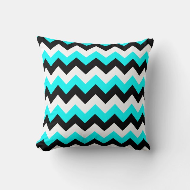 Aqua Zwart en Wit Zigzag Kussen (Voorkant)