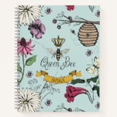 Aqua, Zwart & Goud Koningin Bee, Kroon & Scroll Notitieboek (Voorkant)