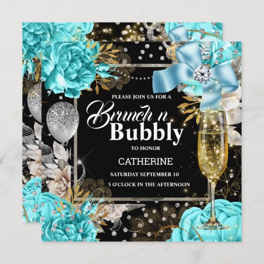 Aqua zwart roos shabby chic bubbly glitter kaart (Voorkant / Achterkant)