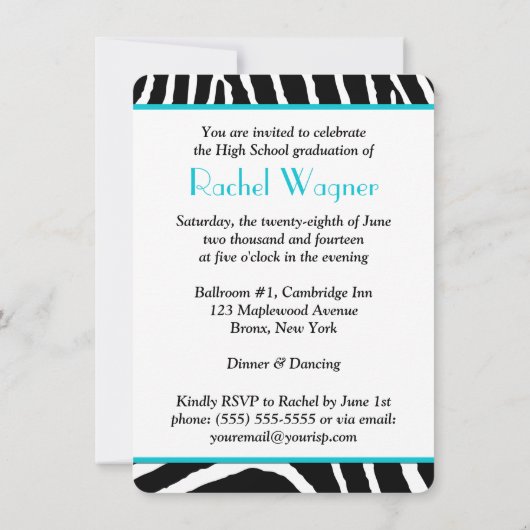 Aqua, zwart, White Zebra Print Afstuderen uitnodig Kaart (Achterkant)