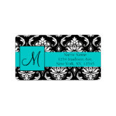 Aqua Zwart Wit Damask Retouradres Labels (Voorkant)