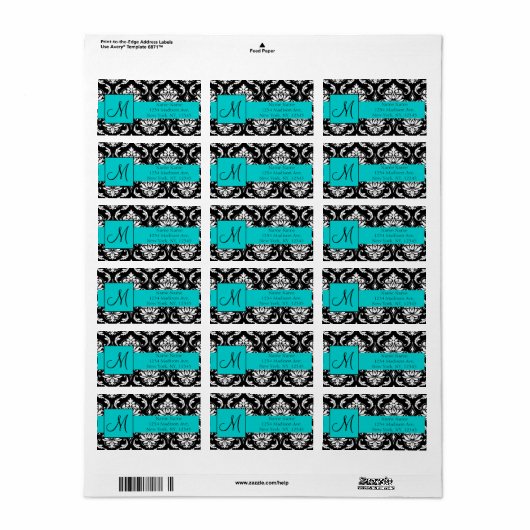 Aqua Zwart Wit Damask Retouradres Labels (Full Sheet)