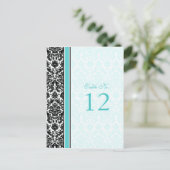 Aqua, Zwart, Wit Damask Tafelnummer Kaart (Staand voorkant)
