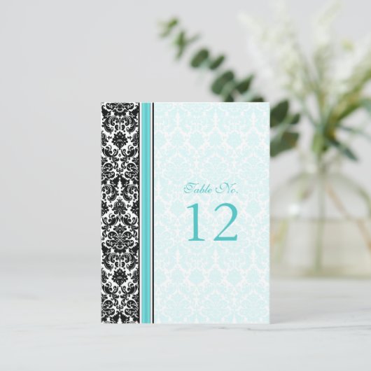 Aqua, Zwart, Wit Damask Tafelnummer Kaart (Staand voorkant)