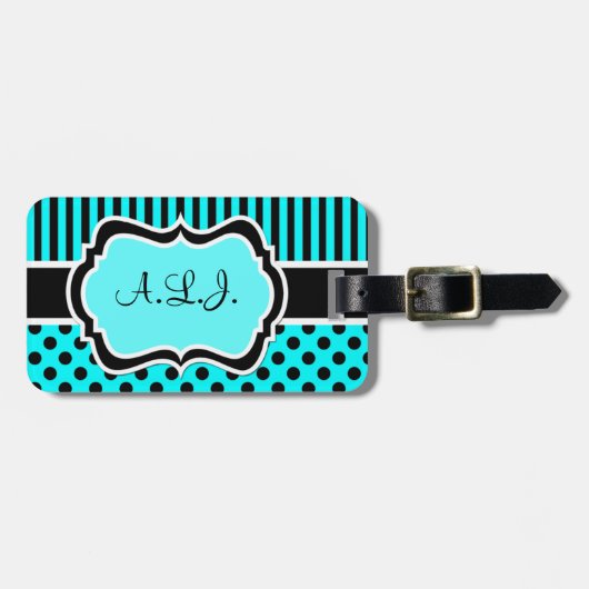 Aqua, Zwart, Wit Gestreept Polk Stippen Bagagelabe Bagagelabel (Voorkant horizontaal)