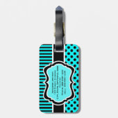 Aqua, Zwart, Wit Gestreept Polk Stippen Bagagelabe Bagagelabel (Achterkant verticaal)