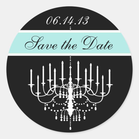 Aqua Zwart/Wit Kroonluchter Save the Date Stickers (Voorkant)