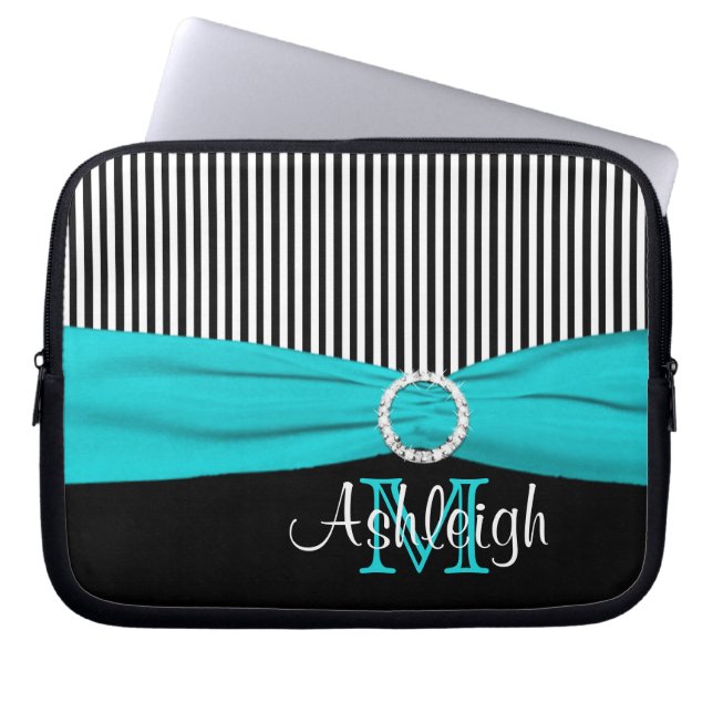 Aqua Zwart Wit met FAUX Lint Laptop Sleeve (Voorkant)