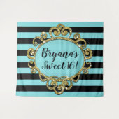 Aqua Zwarte Gouden Gestreepte Verjaardagsfeest Ach Wandkleed (Voorkant (horizontaal))