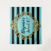 Aqua Zwarte Gouden Gestreepte Verjaardagsfeest Ach Wandkleed (Voorkant)