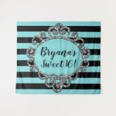 Aqua Zwarte Zilveren Gestreepte Verjaardagsfeest A Wandkleed (Voorkant (horizontaal))