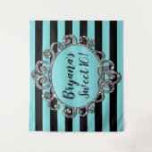 Aqua Zwarte Zilveren Gestreepte Verjaardagsfeest A Wandkleed (Voorkant)