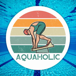 Aquaholic zwemrace meisje met zonsondergang ronde sticker