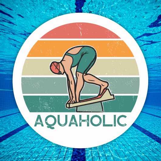 Aquaholic zwemrace meisje met zonsondergang ronde sticker