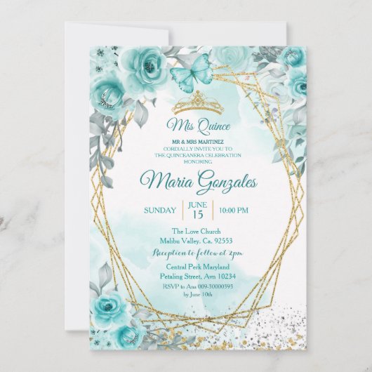 Aqual Blauwgroen Turquoise2 Mis Quince Invitation Kaart (Voorkant)