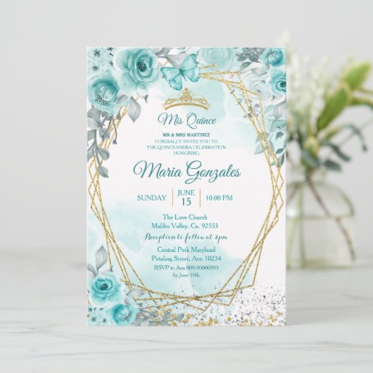 Aqual Blauwgroen Turquoise2 Mis Quince Invitation Kaart (Staand voorkant)