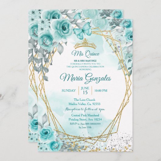 Aqual Blauwgroen Turquoise2 Mis Quince Invitation Kaart (Voorkant / Achterkant)