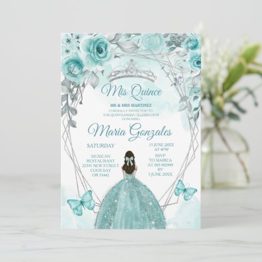 Aqual Blauwgroen Turquoise Vlinder Mis Quince Verj Kaart (Staand voorkant)