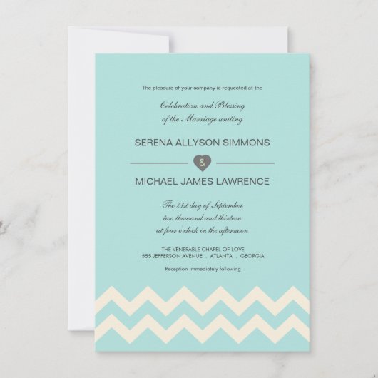 Aqual Blue en Ivory Chevron Wedding Invitations Kaart (Voorkant)